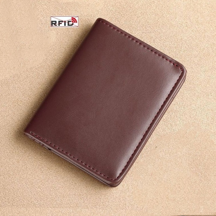 Мъжки портфейл, кожа, с RFID блокиране, 11х9см, кафяв