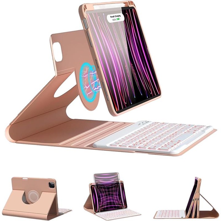 Billentyűzet tok iPad 10th 10,9" 2022, Dussdote, világító billentyűzet, forgatható, 10,9 hüvelykes