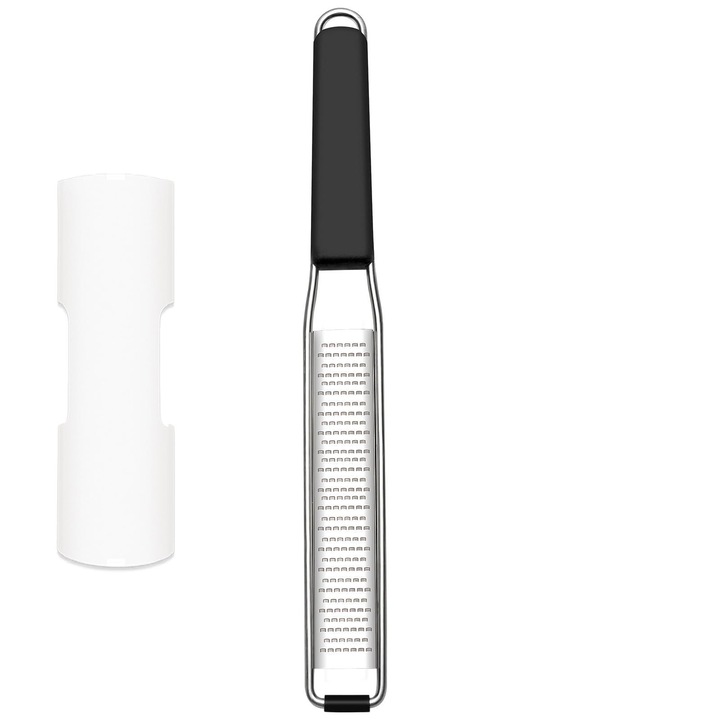 Razatoare manuala din otel inoxidabil, maner negru, husa de protectie, pentru lamaie, parmezana, legume, fructe, 30.5x3.5cm