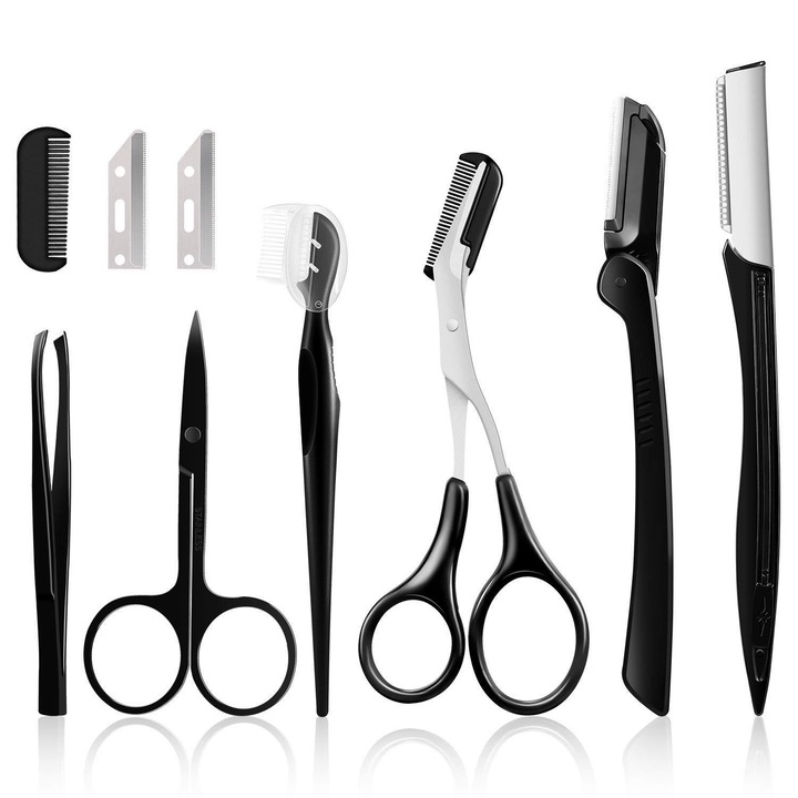 Set 9 pensete pentru gene/sprancene, modele diferite, cu perie pentru gene, forfecuta, borseta de depozitare, Negru