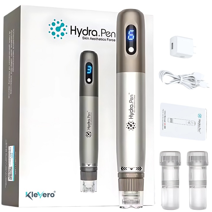 Aparat Profesional de Microneedling HydraPen H3 Wireless- Klevero® – pentru Intinerirea Pielii, Tratament Anti-Acnee si Lifting Facial, 6 Trepte, 3 Niveluri Dozare Lichid, Capete cu 12 Ace