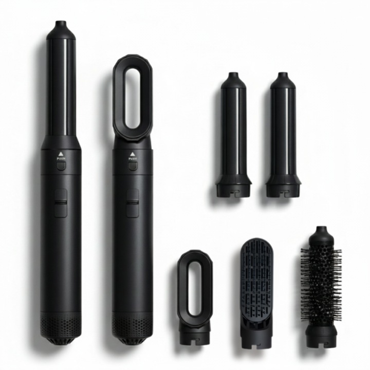 Perie Electrica cu aer cald 5 IN 1, Motor 1000W, 2 Trepte de Temperatura, 5 accesorii, Indreptare, Perie, Ondulator, Uscator, Invelis Ceramic, AnaStorya by Klevero®, Negru