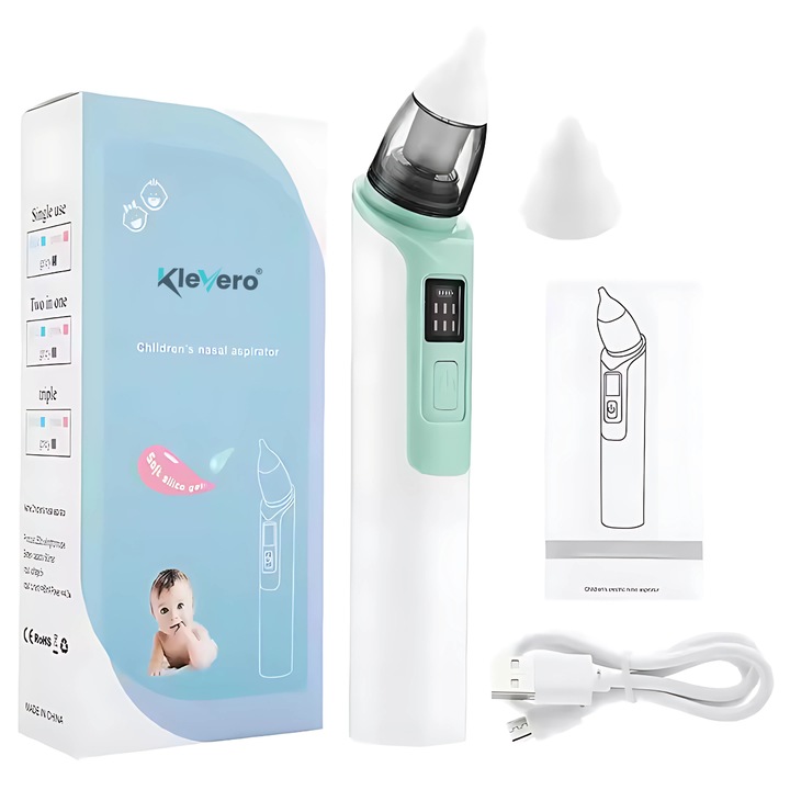 Aspirator Nazal Electric ePandamel® pentru Bebelusi si Copii, Portabil, Silentios, 6 Trepte de Aspirare, USB Reincarcabil, 500mAh, Putere de Aspirare 15kPa-60kPa, 2 Capete din Silicon