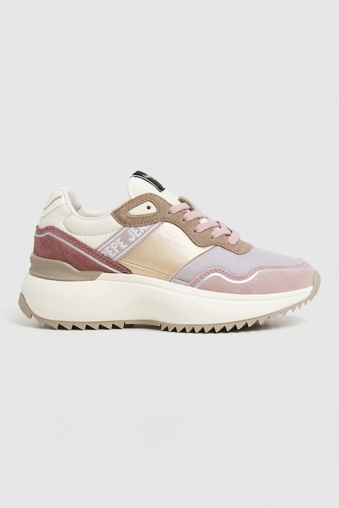 Pepe Jeans London, Pantofi sport wedge cu detalii de piele intoarsa, Multicolor