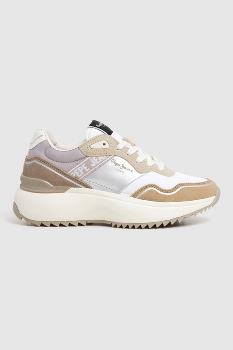 Pepe Jeans London, Pantofi sport wedge cu detalii de piele intoarsa, Alb/Maro/Argintiu