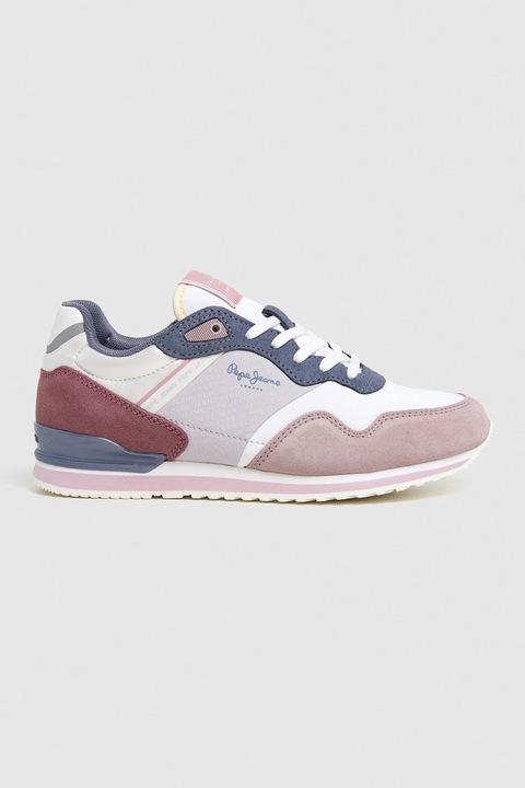 Pepe Jeans London, Pantofi sport cu logo, Alb/Roz prafuit/Albastru