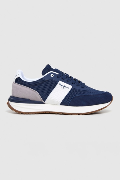 Pepe Jeans London, Pantofi sport cu garnituri de plasa si piele intoarsa, Alb/Gri deschis/Bleumarin