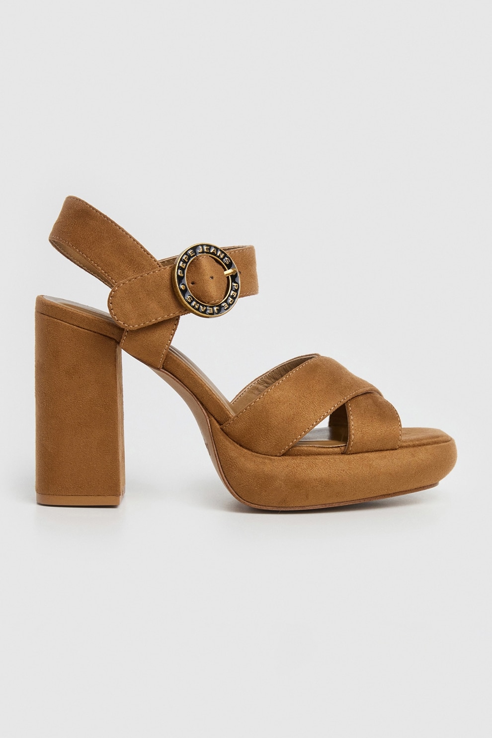 Pepe Jeans London, Sandale de piele intoarsa ecologica cu toc masiv, Caramel, 39