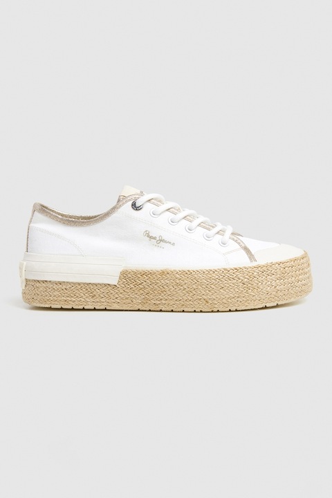 Pepe Jeans London, Pantofi sport flatform din material textil, Alb/Auriu