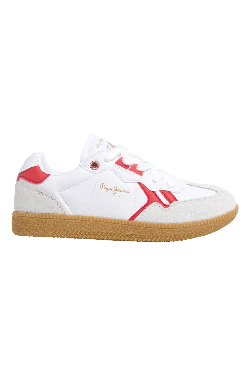 Pepe Jeans London, Pantofi sport cu insertii de piele intoarsa, Rosu, Alb, 35 EU