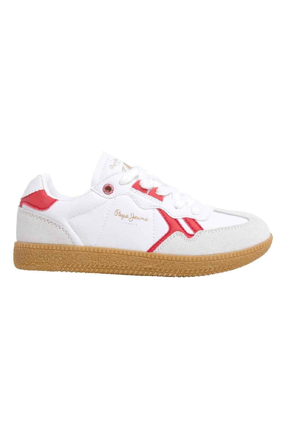 Pepe Jeans London, Pantofi sport cu insertii de piele intoarsa, Rosu, Alb, 38 EU
