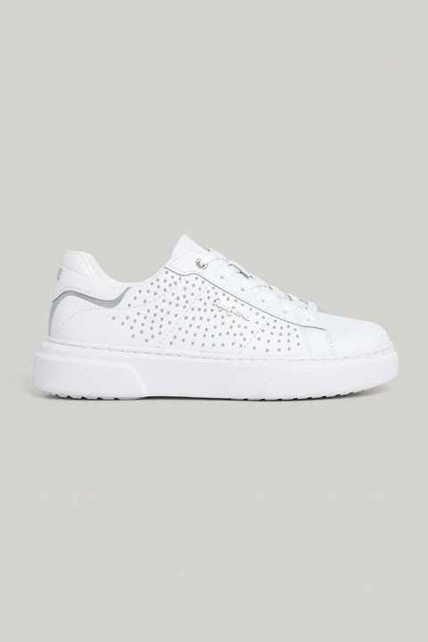 Pepe Jeans London, Tenisi de piele cu platforma si tinte, Alb optic