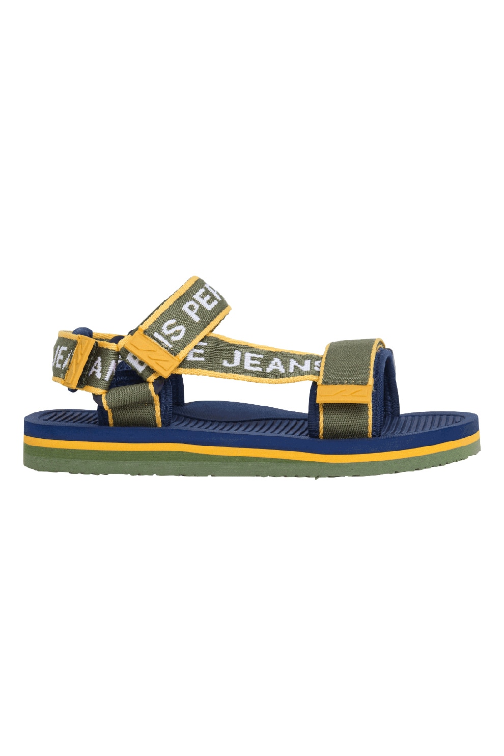 Pepe Jeans London, Sandale cu velcro si logo, Galben, Albastru, Sparanghel, 36 EU