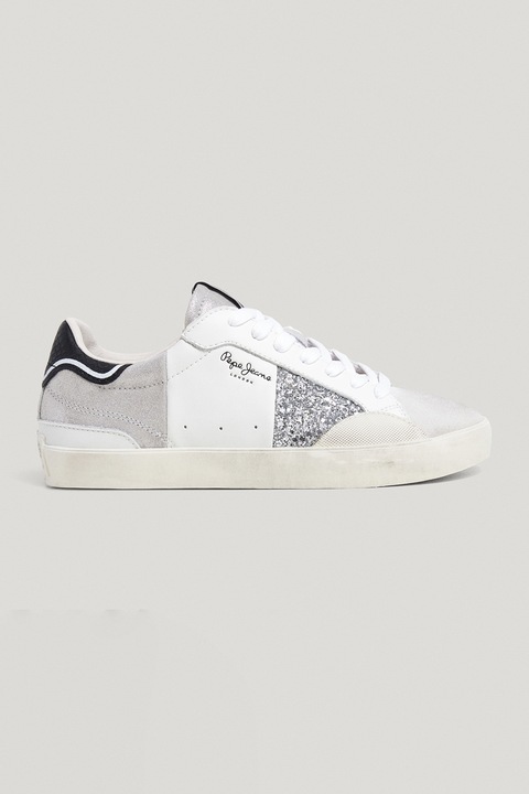 Pepe Jeans London, Pantofi sport cu detalii stralucitoare, Alb murdar/Argintiu/Bleumarin