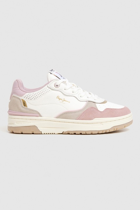 Pepe Jeans London, Pantofi sport din piele cu garnituri din piele intoare si sireturi, Gri deschis/Violet prafuit/Alb murdar