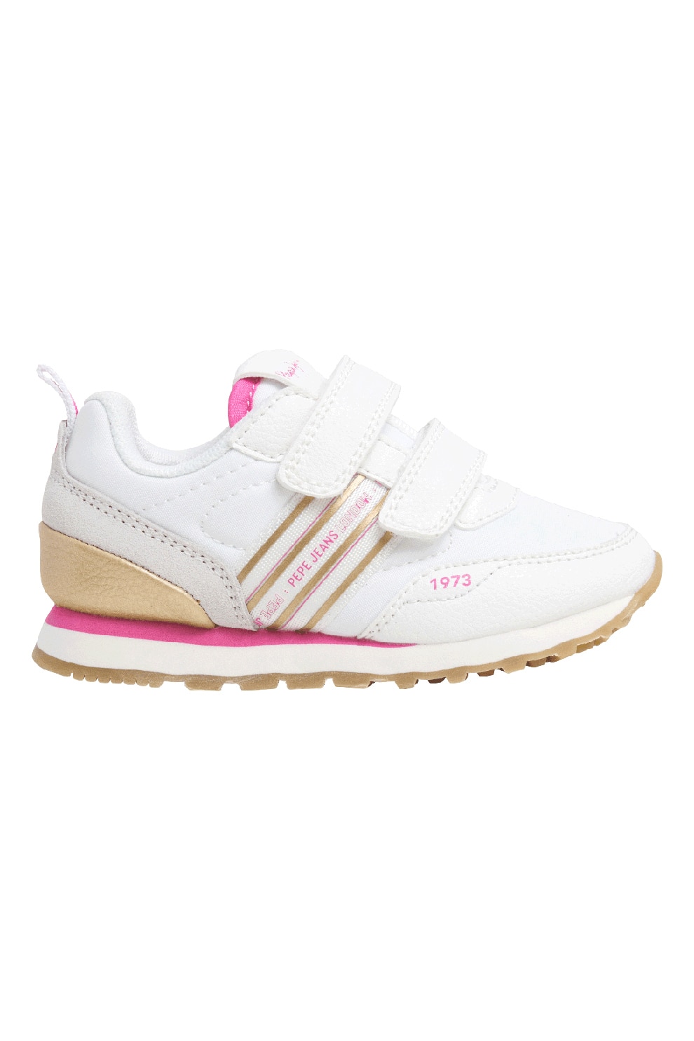Pepe Jeans London, Pantofi sport cu insertii de material textil si cu velcro, Alb optic, Roz, Camel, 30 EU