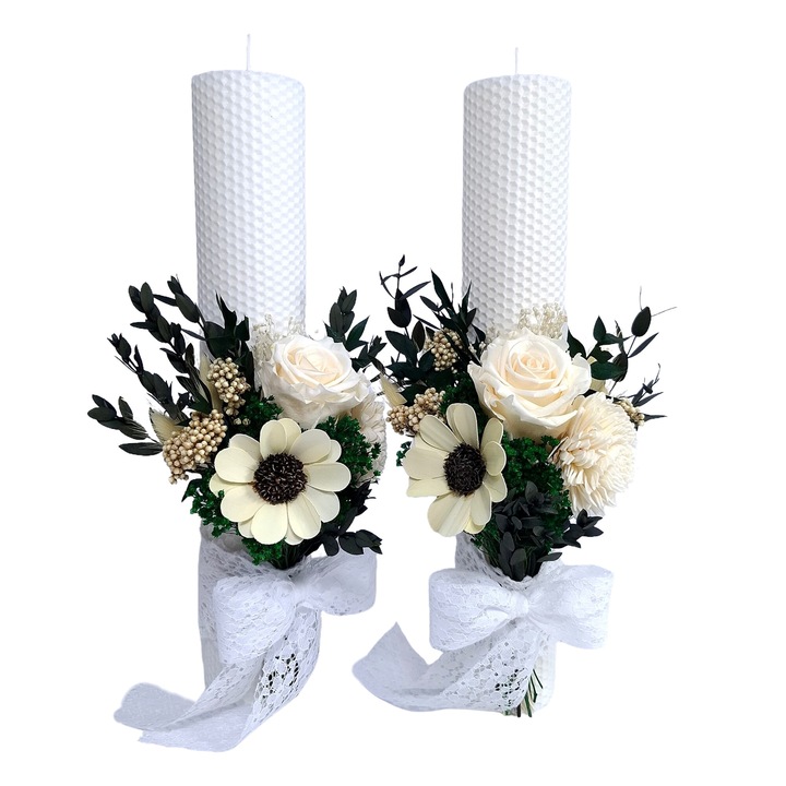 Lumanari cununie/nunta din ceara naturala, decorate cu trandafir natural criogenat, flori ming si flori naturale criogenate/uscate H35/D5 cm, Alb