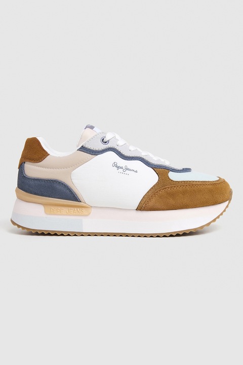 Pepe Jeans London, Műbőr és nyersbőr sneaker, Sötétkék/Világosbarna/Törtfehér, 40