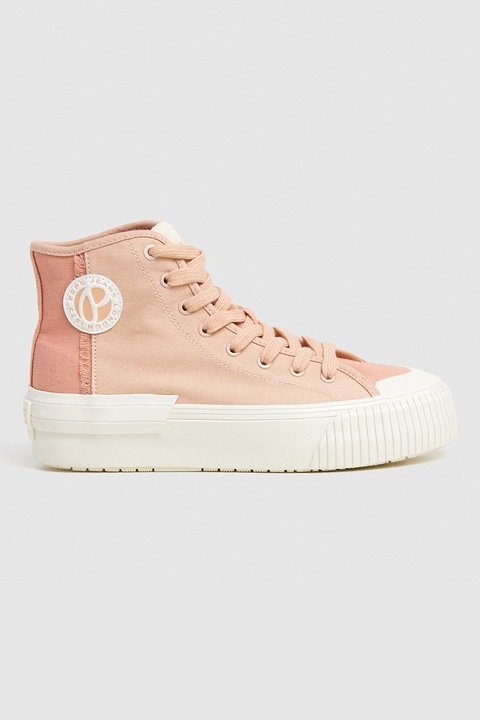 Pepe Jeans London, Tenisi mid-cut cu logo aplicat, Roz somon/Piersica/Alb murdar