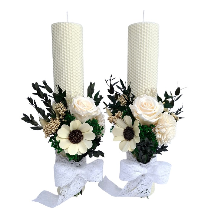 Lumanari cununie/nunta din ceara naturala, decorate cu trandafir natural criogenat, flori ming si flori naturale criogenate/uscate H35/D6 cm, Ivory