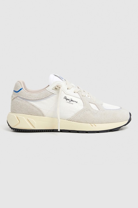 Pepe Jeans London, Pantofi sport low-cut cu garnituri din material sintetic, Alb/Gri deschis