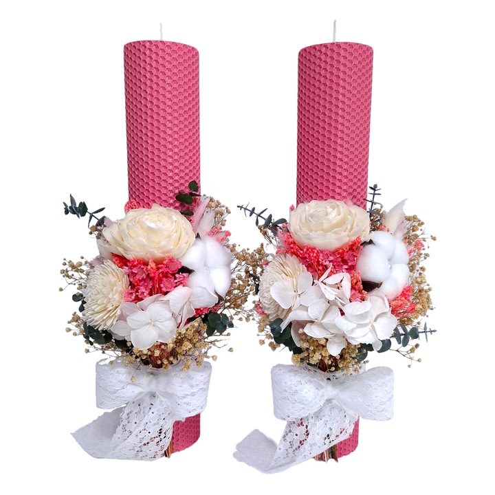 Сватбени/сватбени свещи от естествен восък, декорирани с цветя мин, криогенна хортензия и криогенни/сухи естествени цветя В35/Д6 см, Розови