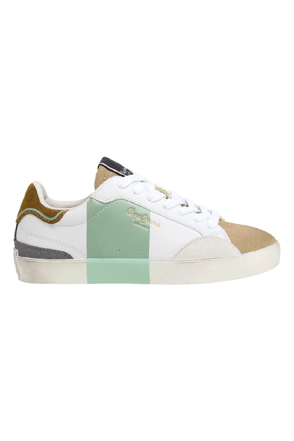 Pepe Jeans London, Pantofi sport cu insertii de piele intoarsa, Alb, Verde prafuit, Camel, 37 EU