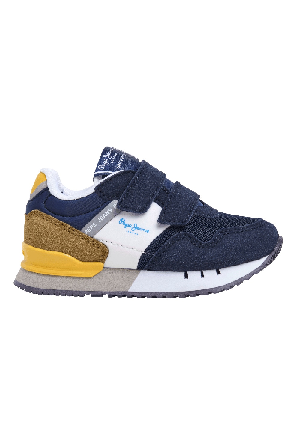 Pepe Jeans London, Pantofi sport cu insertii de piele intoarsa sintetica si cu velcro, Alb, Albastru ultramarin, Camel, 29 EU
