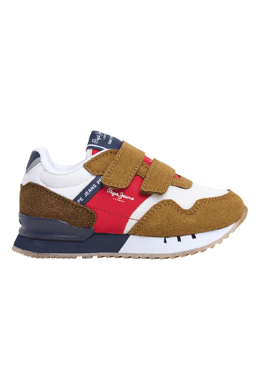 Pepe Jeans London, Pantofi sport cu insertii de piele intoarsa sintetica si cu velcro, Rosu, Albastru, Camel, 30 EU