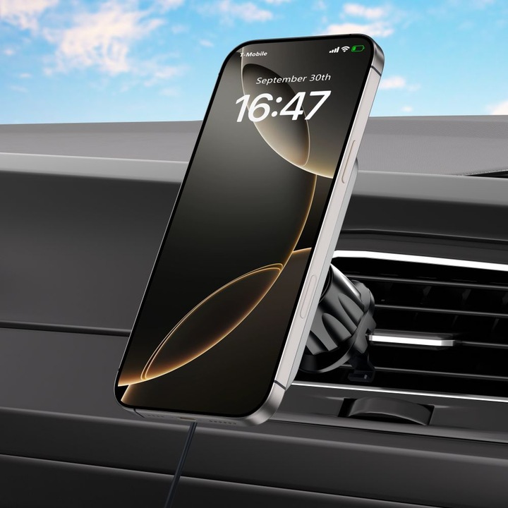 Tech-Protect V9 магнитна стойка за кола 2 в 1, съвместима с MagSafe, стойка за табло/въздушник, безжично зареждане 15 W, USB-C кабел 1 m включен, черен