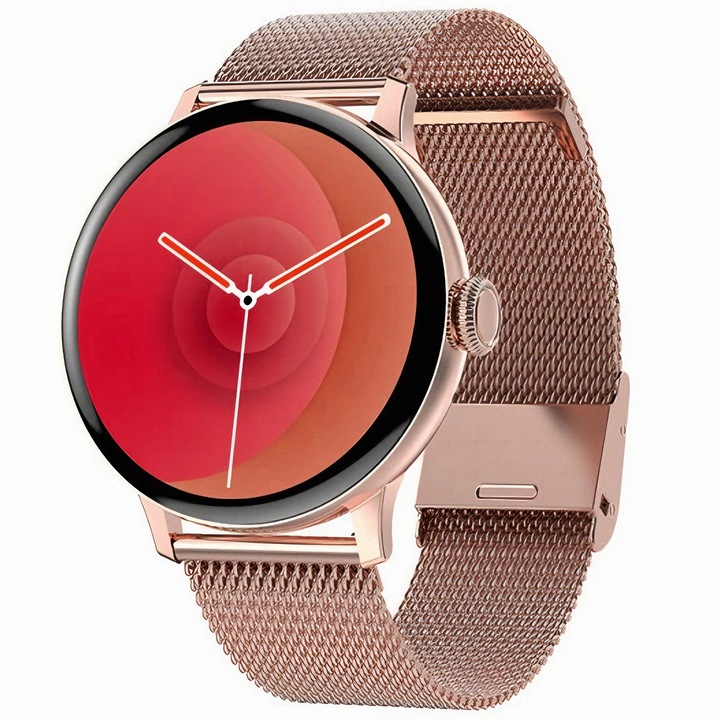Ceas Smartwatch VarioShop®, Monitorizare Ritm Cardiac, Tensiune Arteriala, Multisport, Compatibil Android si iOS, Ecran IPS 1.19 inch, Bluetooth 5.0, Impermeabil, Baterie 200mAh, Elegant, Auriu