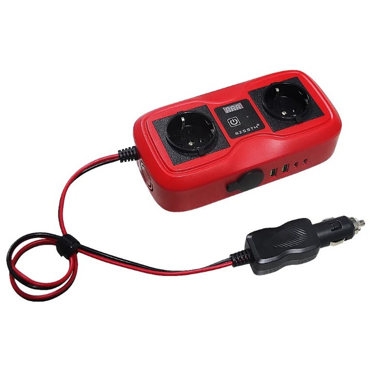 Преносим инвертор за автомобил, на напрежение 12V, 200w зарядно за кола, адаптер за кола, 2x 220V AC контакти, 2xUSB 5V 3.6A, 2xType C 20W бързо зареждане, допълнителен 12V контакт за автомобилна запалка, цифров дисплей, червен