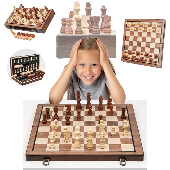 Set de dame si sah,2 in 1, 39X39X2.5, magnetic, lemn masiv, cu geanta, instructiuni in limba engleza, pliabil, usor de depozitat, incuietoare metalica, rezistent la joc si la caderi, nu se sparge usor