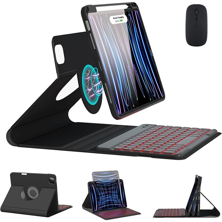 Husa cu tastatura pentru iPad, Dussdote, 10.9/11 inch, rotativa 360°, cu iluminare de fundal