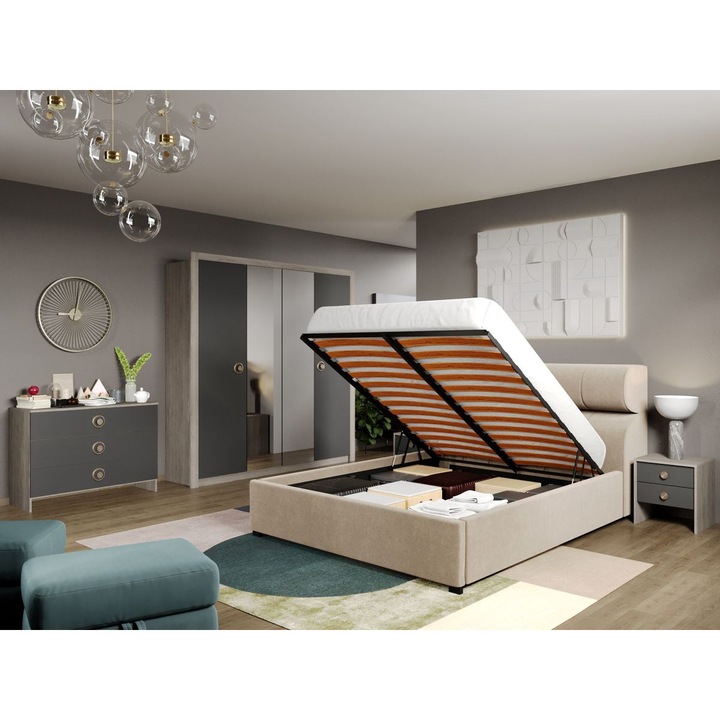 Set Dormitor Gri, Noel tapitat cu oglinda, C4, Pat Rabatabil, 160 x 200, Dulap 4 usi, Comoda si 2 Noptiere