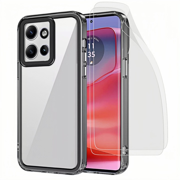 Кейс за Motorola Moto G75, Удароустойчив калъф за телефон и 2 предпазни фолиа, Черен