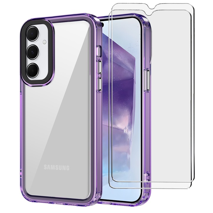 Husa pentru Samsung Galaxy A15 4G/5G, Husa telefon rezistenta la socuri si 2 folie securizata, Violet
