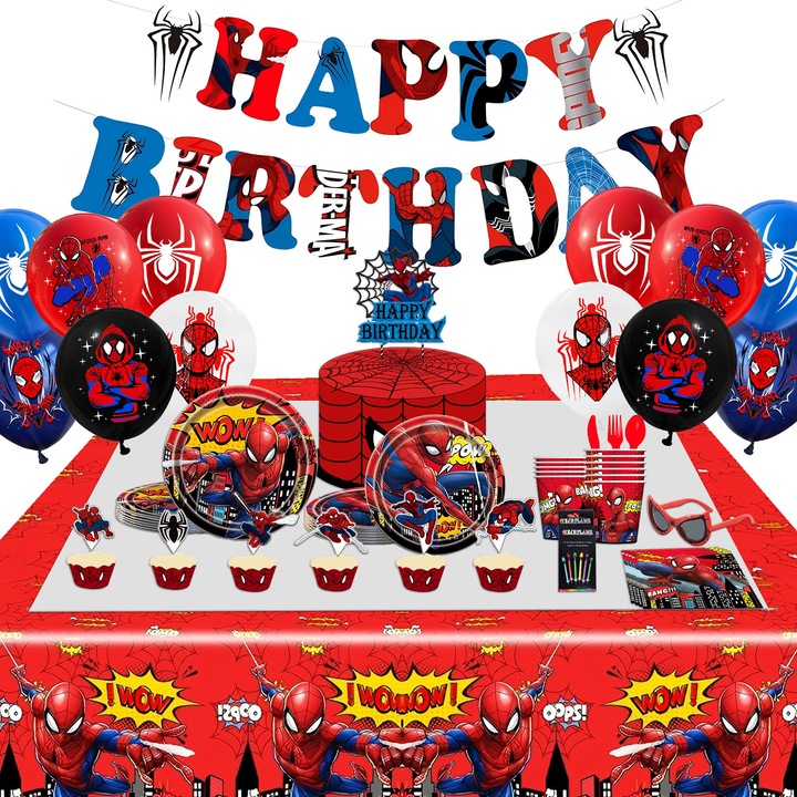 Set de accesorii pentru petrecerea tematica Spider Man, contine toate articolele prezentate in imaginea principala, multicolor