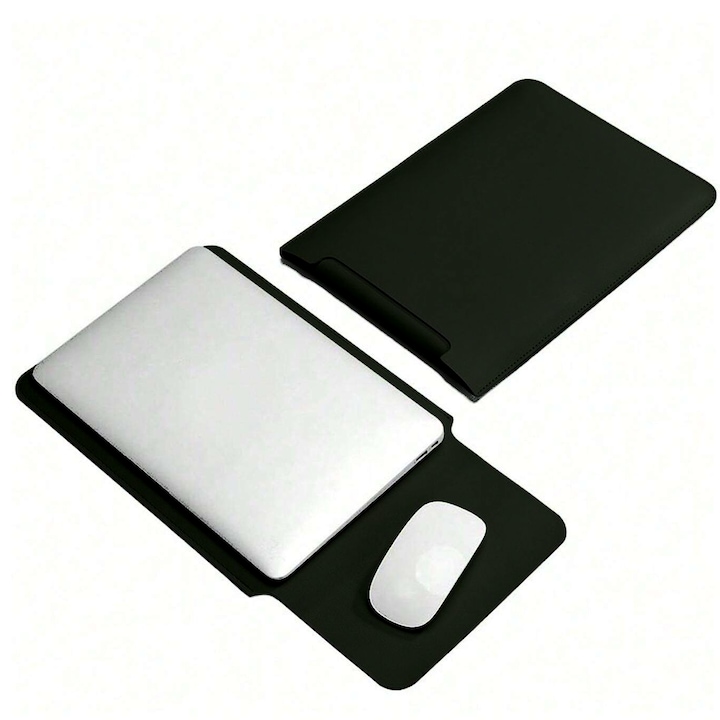 Husa pentru MacBook Pro/Air sau Laptop 13 Sleeve din piele PU premium cu mouse-pad inclus, rezistenta la apa, negru