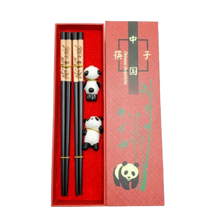 Set de 2 perechi betisoare din lemn masiv cu suport ceramic panda, ecologice, 30x25cm