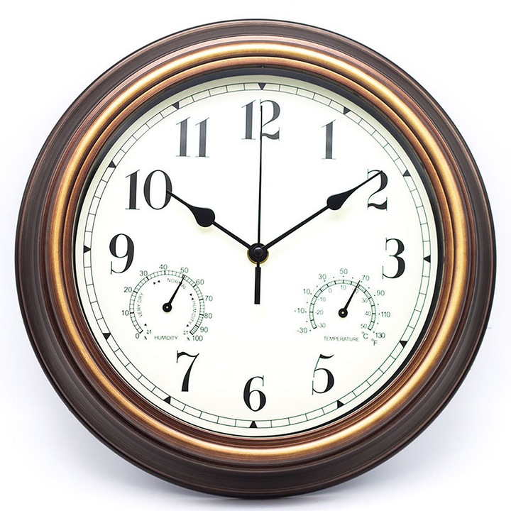 Ceas de perete, YISYNIM, 12 inch, termometru si higrometru, culoare maro, 31x31x5cm