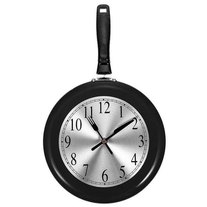 Ceas decorativ de perete, YISYNIM, forma de tigaie, mecanism silentios, 30x28x7cm, negru
