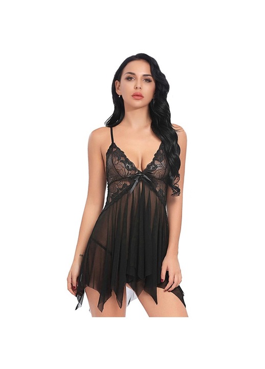 Szexi női fehérnemű, fekete, csipkés babydoll, elegáns kivitel, egy méret, szett G-zsinórral