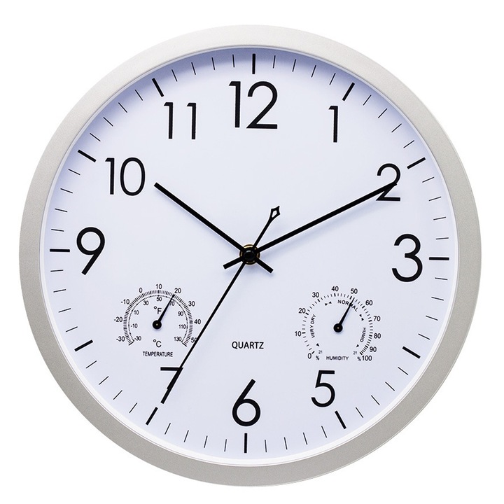 Ceas de perete decorativ, YISYNIM, 12 inch, argintiu, cu termometru si higrometru
