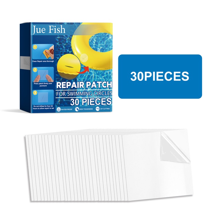 Pachet de reparare Jue Fish, 30 bucati, adeziv pentru inele de inot, rezistent la apa