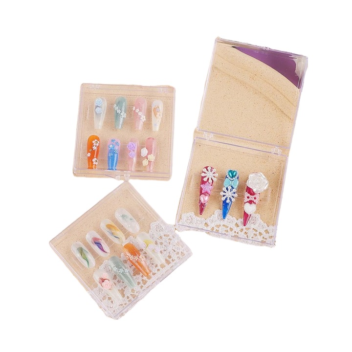 Set cutii de ambalare pentru unghii, Kalolary, 12 cutii, 50 suporturi transparente, banda dublu adeziva 5m, 8.2x8.2x1.8cm