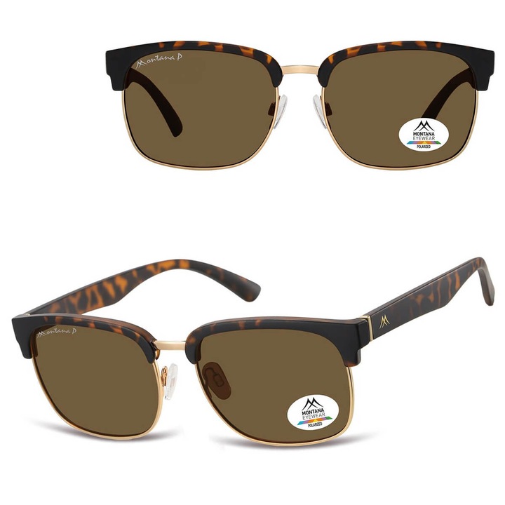 Ochelari de soare unisex Montana MP192D, polarizati, rama Clubmaster/Tocilar, design leopard mat cu auriu lucios, lentile maro, protectie UV 400 Categoria 3, ideali pentru condus, pescuit si sport, set complet cu toc si laveta de curatare