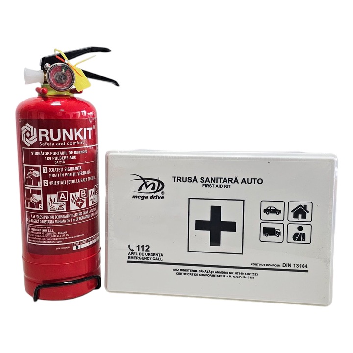 Kit siguranta auto omologat format din Trusa medicala auto de prim ajutor, Stingator auto reincarcabil cu manometru 1 Kg, CED AUTO TRADE ®