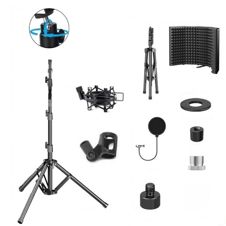 Set suport SkyTechs® trepied cu ecran acustic 3 panouri pliabil reglabil burete acustic si izolator fonic studio cinema reducere zgomot anti-reverberant pliabil suport si anti soc pentru microfon