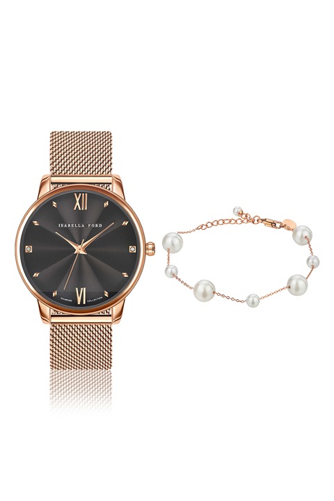 Isabella Ford, Set de ceas si bratara din otel inoxidabil, Auriu rose, Alb